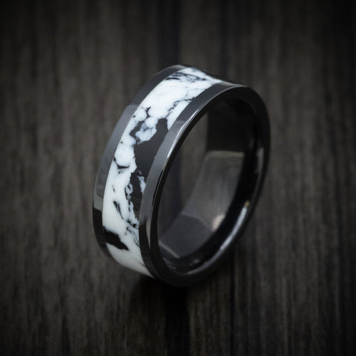 Outrider XVII - Black Ceramic Men's Wedding Ring with White Buffalo Turquoise Stone Inlay - view 3 - Nura Lab