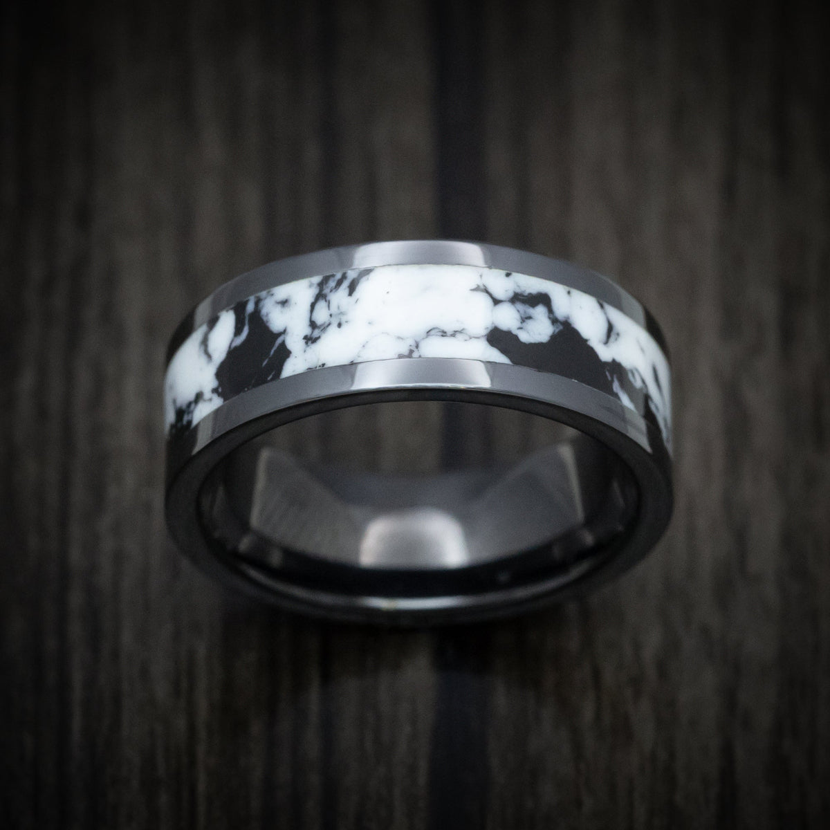 Outrider XVII - Black Ceramic Men's Wedding Ring with White Buffalo Turquoise Stone Inlay - view 2 - Nura Lab
