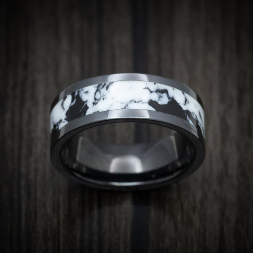 Outrider XVII - Black Ceramic Men's Wedding Ring with White Buffalo Turquoise Stone Inlay - view 2 - Nura Lab