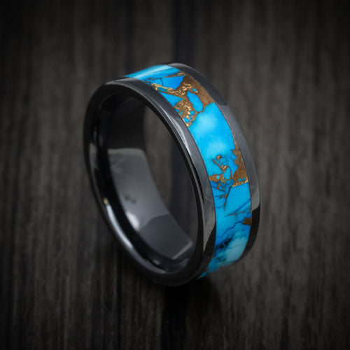 Foundry XVII - Black Ceramic Men's Wedding Ring with Blue Dolamite Stone and Bronze Inlay - Nura Lab