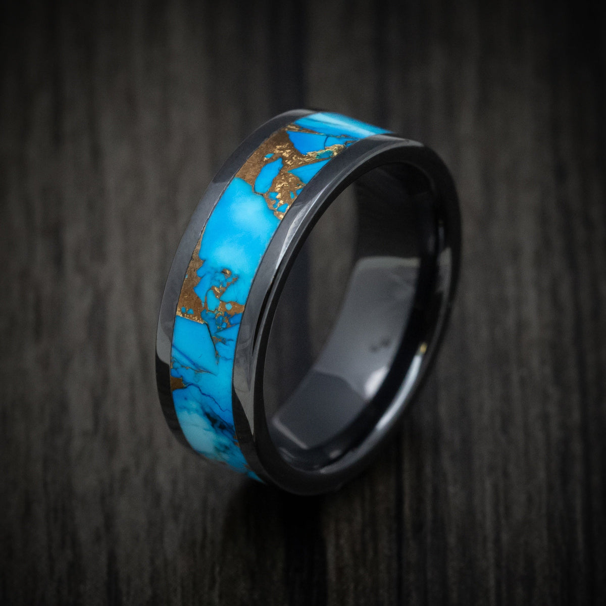 Foundry XVII - Black Ceramic Men's Wedding Ring with Blue Dolamite Stone and Bronze Inlay - view 3 - Nura Lab