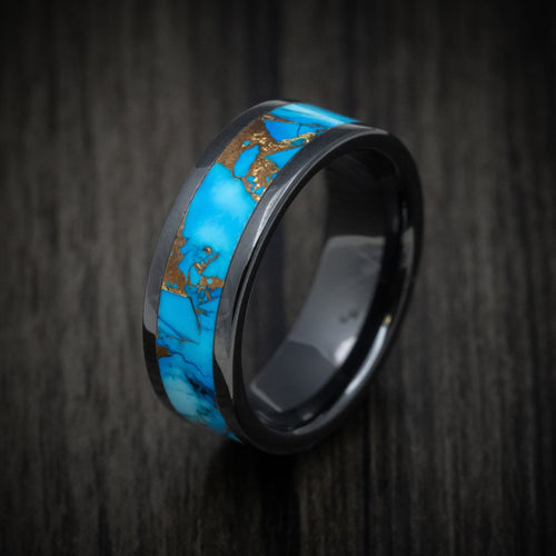 Foundry XVII - Black Ceramic Men's Wedding Ring with Blue Dolamite Stone and Bronze Inlay - view 3 - Nura Lab