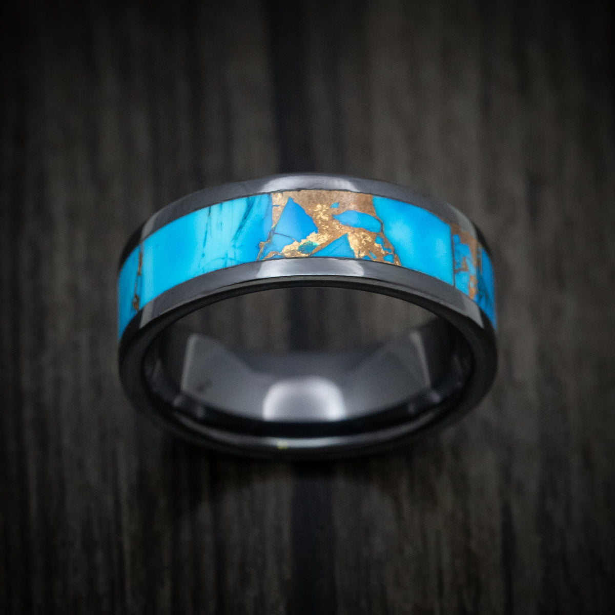 Foundry XVII - Black Ceramic Men's Wedding Ring with Blue Dolamite Stone and Bronze Inlay - view 2 - Nura Lab