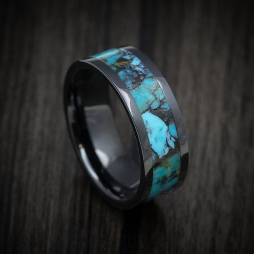 Glacier XVII - Black Ceramic Men's Wedding Ring with Turquoise Stone Inlay - Nura Lab