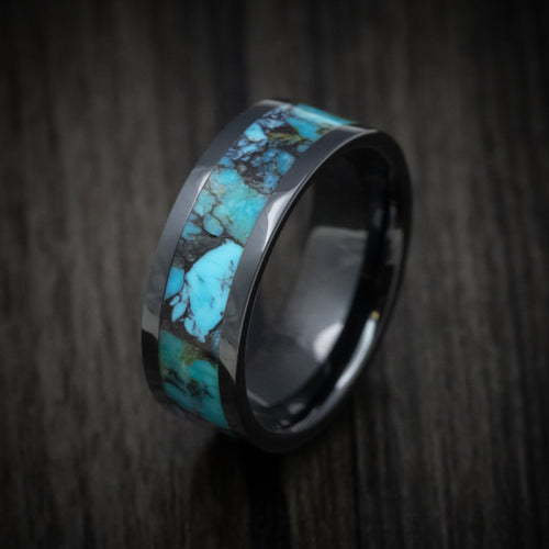 Glacier XVII - Black Ceramic Men's Wedding Ring with Turquoise Stone Inlay - view 3 - Nura Lab