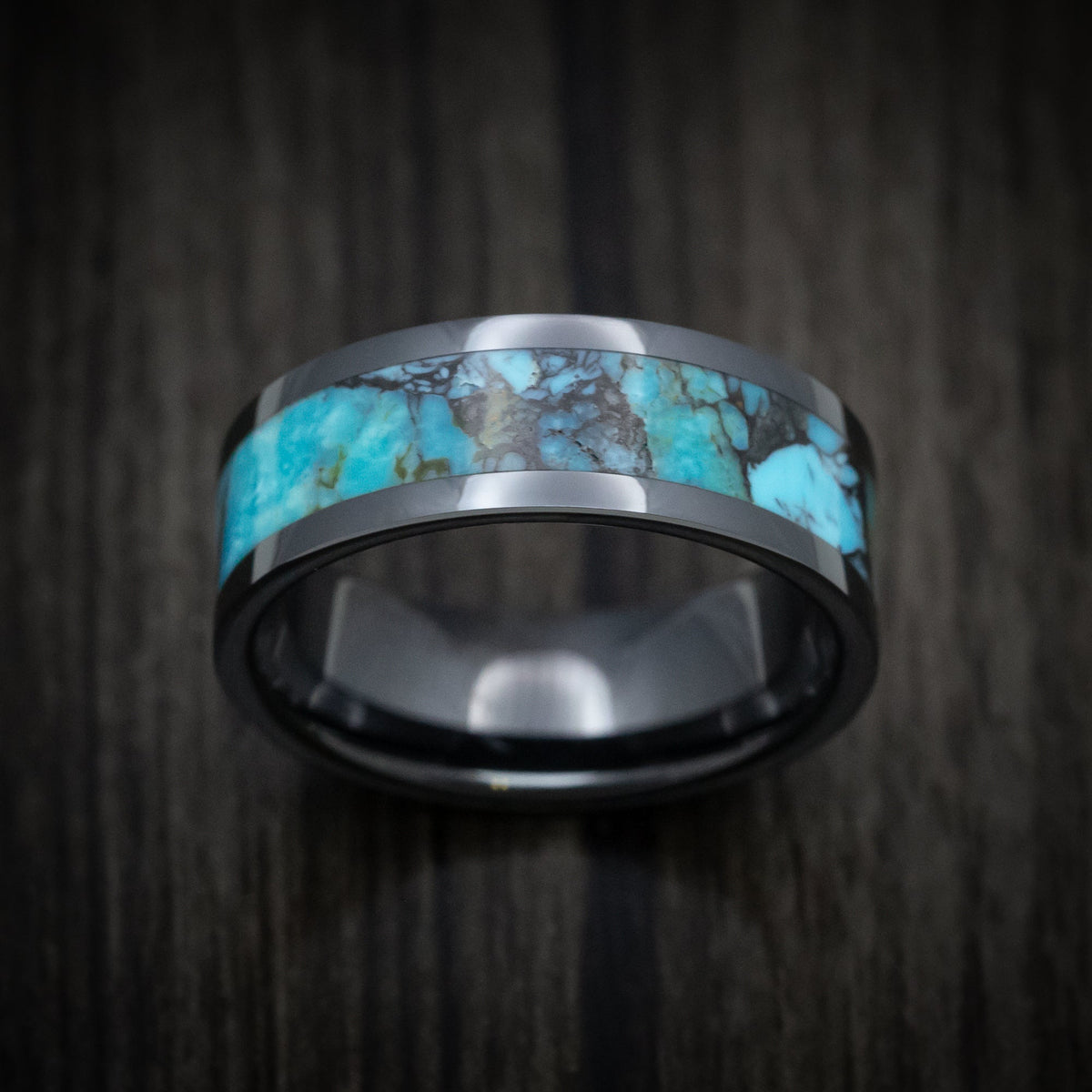 Glacier XVII - Black Ceramic Men's Wedding Ring with Turquoise Stone Inlay - view 2 - Nura Lab