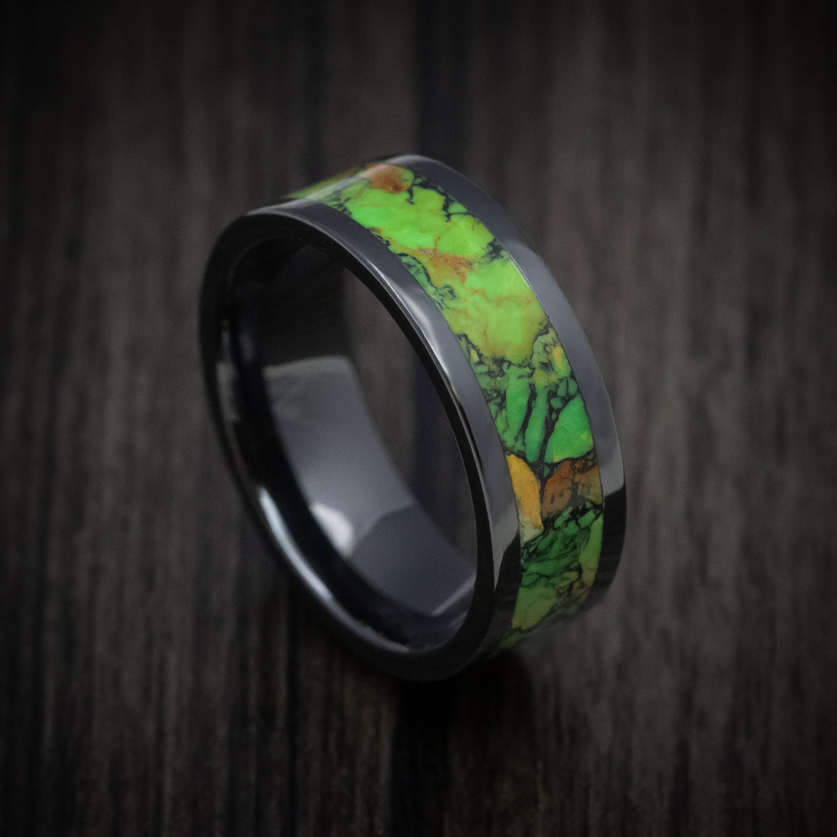 Highland XVII - Black Ceramic Men's Wedding Ring with Mojave Green Turquoise Stone Inlay - Nura Lab