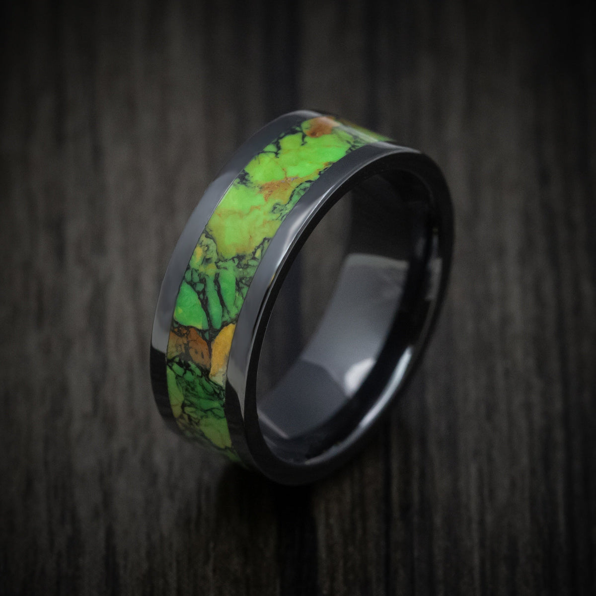 Highland XVII - Black Ceramic Men's Wedding Ring with Mojave Green Turquoise Stone Inlay - view 3 - Nura Lab