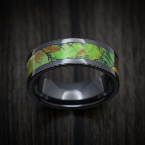 Highland XVII - Black Ceramic Men's Wedding Ring with Mojave Green Turquoise Stone Inlay - view 2 - Nura Lab