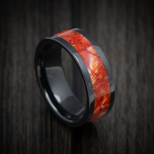 Blackstone XVII - Black Ceramic Men's Wedding Ring with Red Spiny Oyster Stone Inlay - Nura Lab