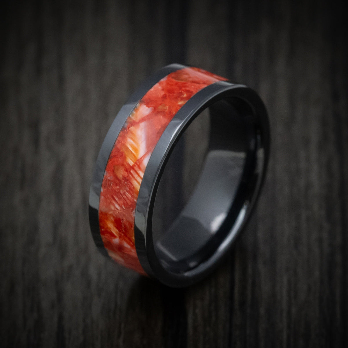 Blackstone XVII - Black Ceramic Men's Wedding Ring with Red Spiny Oyster Stone Inlay - view 3 - Nura Lab