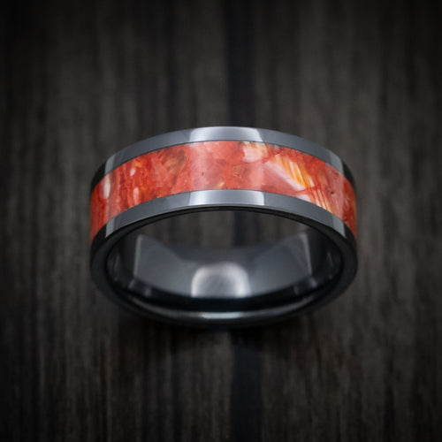 Blackstone XVII - Black Ceramic Men's Wedding Ring with Red Spiny Oyster Stone Inlay - view 2 - Nura Lab