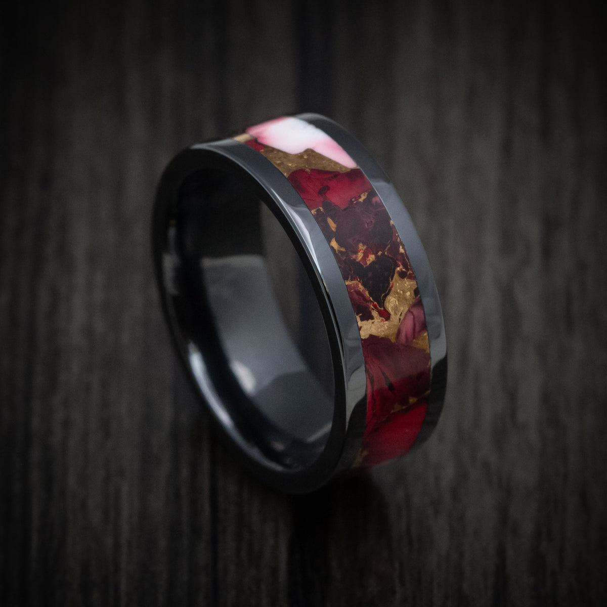 Nightfall XVII - Black Ceramic Men's Wedding Ring with Rose Dolamite Stone and Bronze Inlay - Nura Lab
