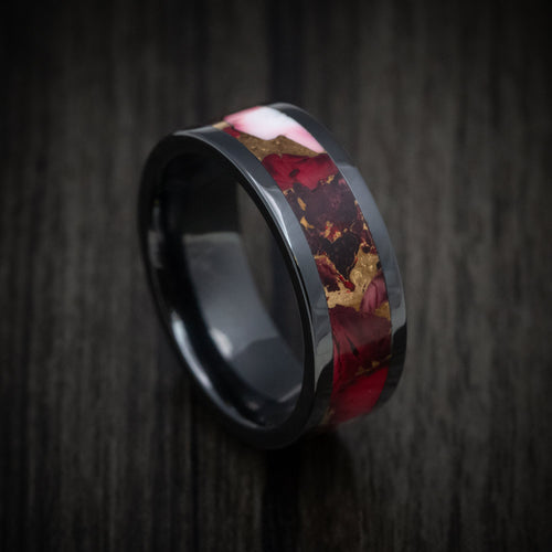 Nightfall XVII - Black Ceramic Men's Wedding Ring with Rose Dolamite Stone and Bronze Inlay - Nura Lab