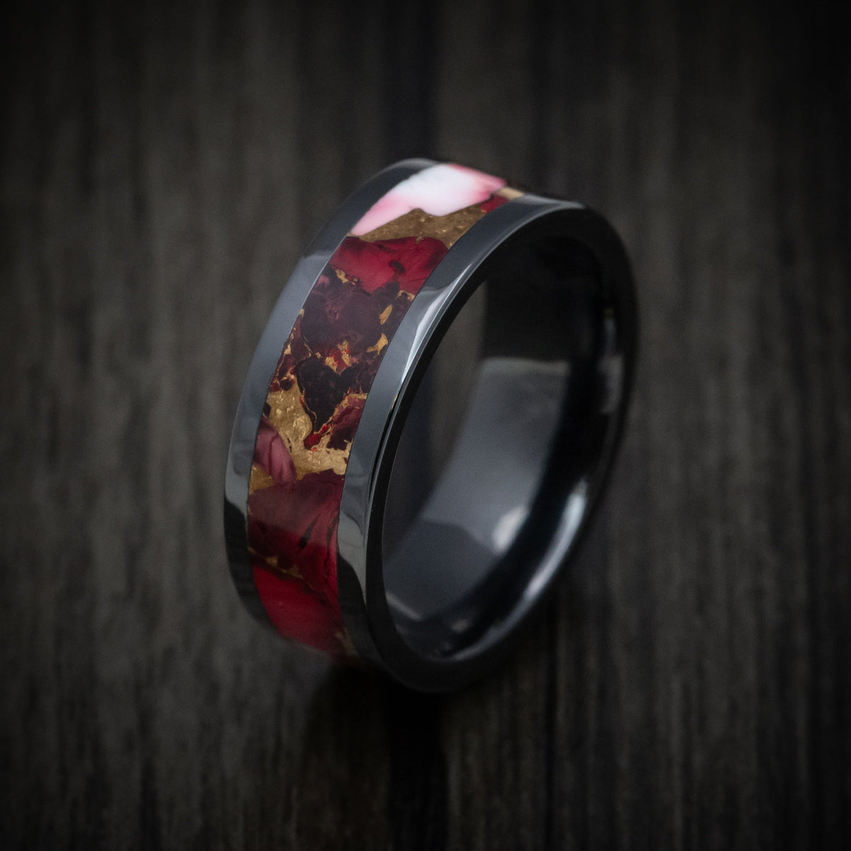 Nightfall XVII - Black Ceramic Men's Wedding Ring with Rose Dolamite Stone and Bronze Inlay - view 3 - Nura Lab