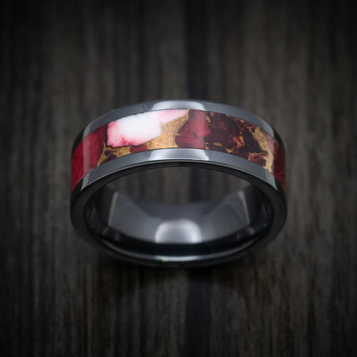 Nightfall XVII - Black Ceramic Men's Wedding Ring with Rose Dolamite Stone and Bronze Inlay - view 2 - Nura Lab