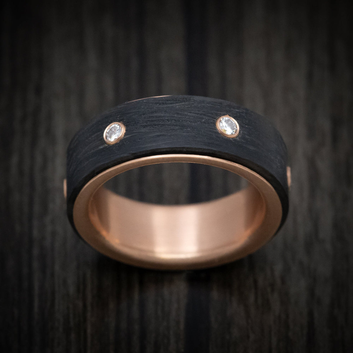 King James XV - 14K Rose Gold Men's Wedding Ring with Spinning Carbon Fiber and Lab Diamond Inlay - view 2 - Nura Lab