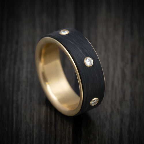 Crown XV - 14K Yellow Gold Men's Wedding Ring with Spinning Carbon Fiber and Lab Diamond Inlay - Nura Lab