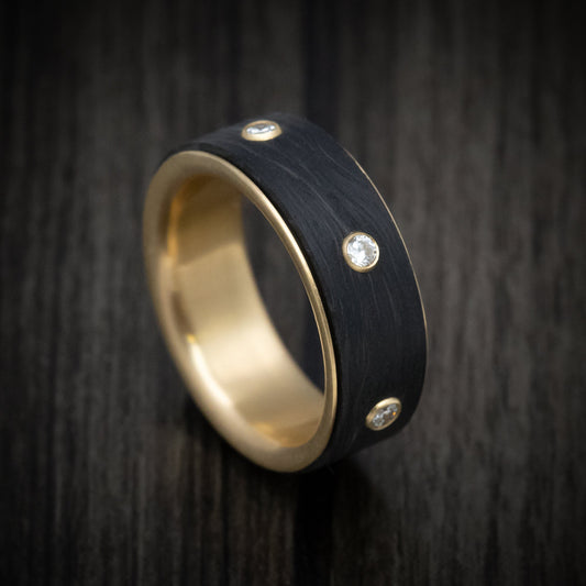 Crown XV - 14K Yellow Gold Men's Wedding Ring with Spinning Carbon Fiber and Lab Diamond Inlay - Nura Lab