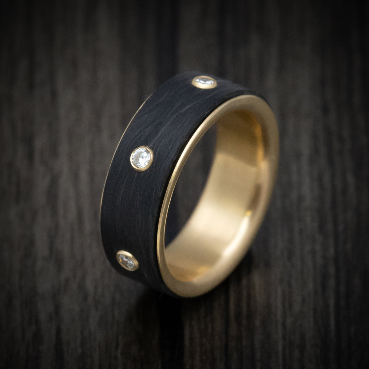 Crown XV - 14K Yellow Gold Men's Wedding Ring with Spinning Carbon Fiber and Lab Diamond Inlay - view 3 - Nura Lab