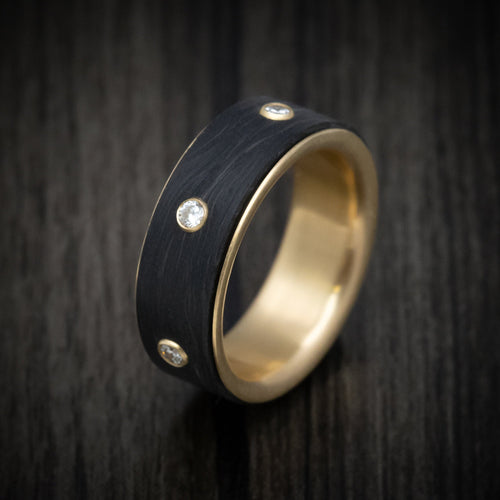 Crown XV - 14K Yellow Gold Men's Wedding Ring with Spinning Carbon Fiber and Lab Diamond Inlay - view 3 - Nura Lab