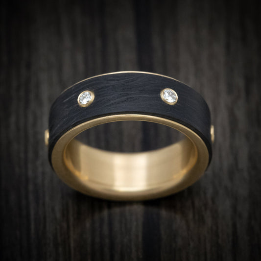 Crown XV - 14K Yellow Gold Men's Wedding Ring with Spinning Carbon Fiber and Lab Diamond Inlay - view 2 - Nura Lab
