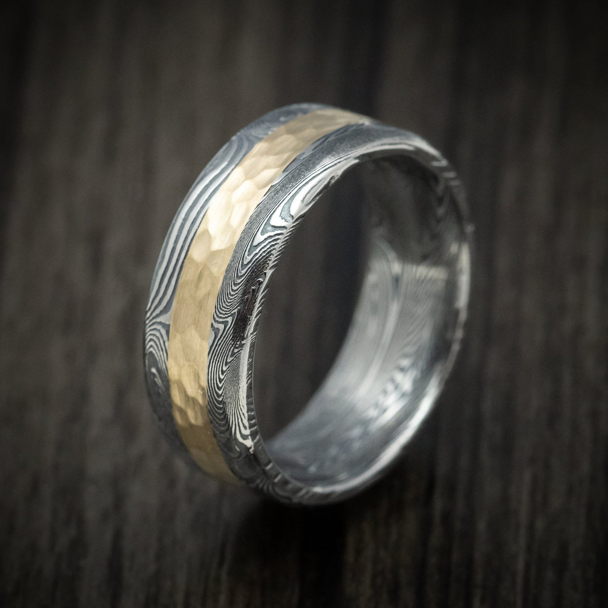 Storm XII - Tightweave Damascus Steel and Gold Men's Wedding Ring Band - view 4 - Nura Lab