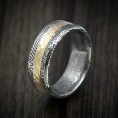 Storm XII - Tightweave Damascus Steel and Gold Men's Wedding Ring Band - view 4 - Nura Lab