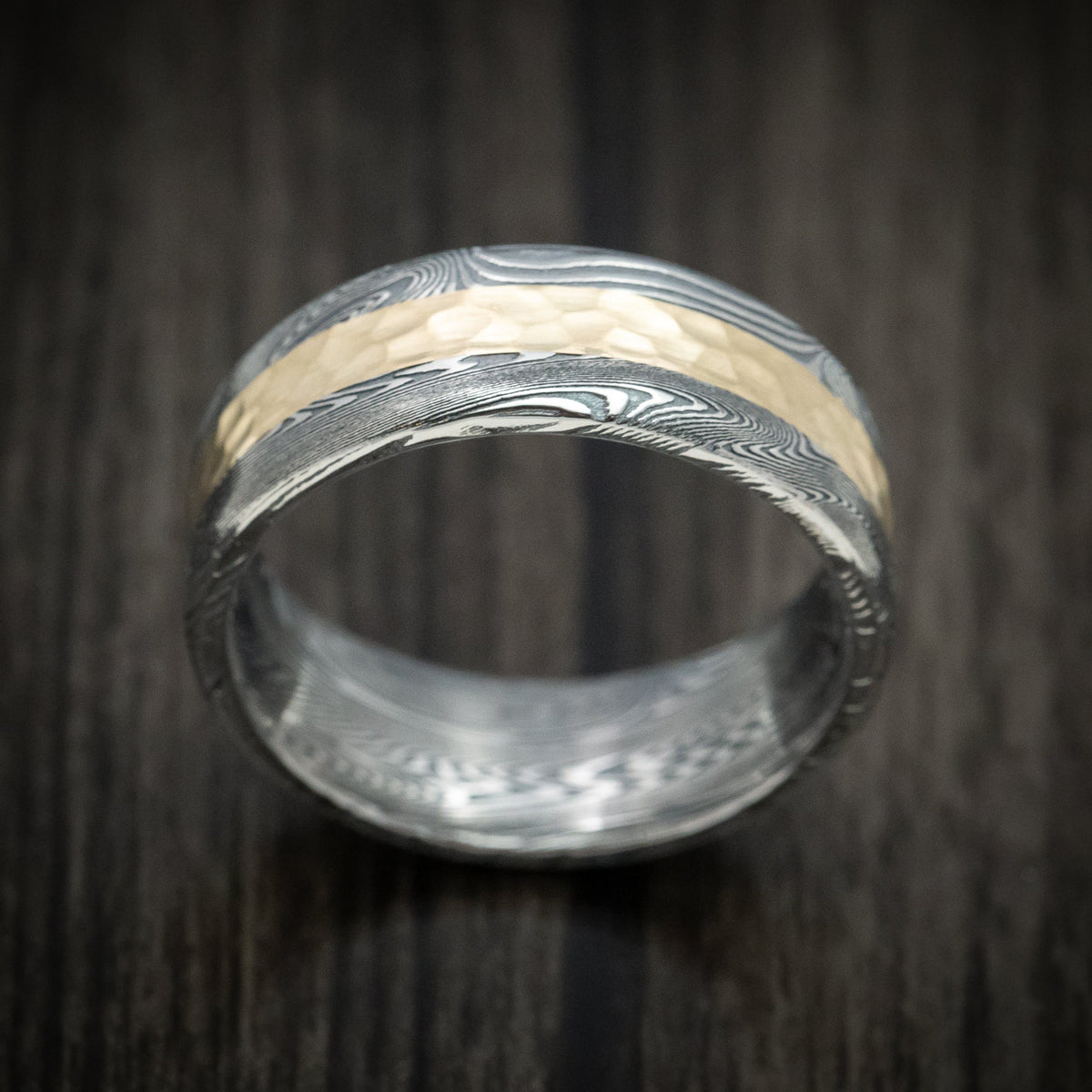 Storm XII - Tightweave Damascus Steel and Gold Men's Wedding Ring Band - view 2 - Nura Lab