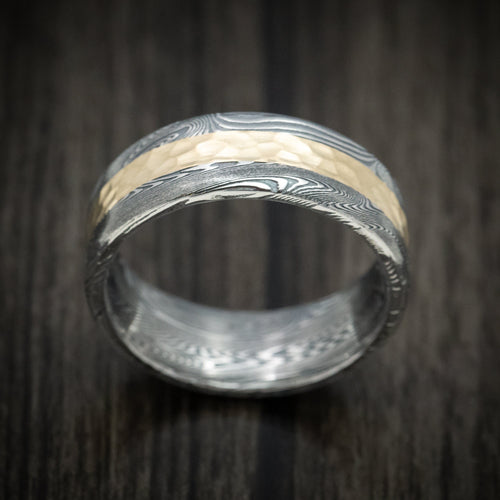 Storm XII - Tightweave Damascus Steel and Gold Men's Wedding Ring Band - view 2 - Nura Lab