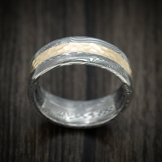 Storm XII - Tightweave Damascus Steel and Gold Men's Wedding Ring Band - view 2 - Nura Lab