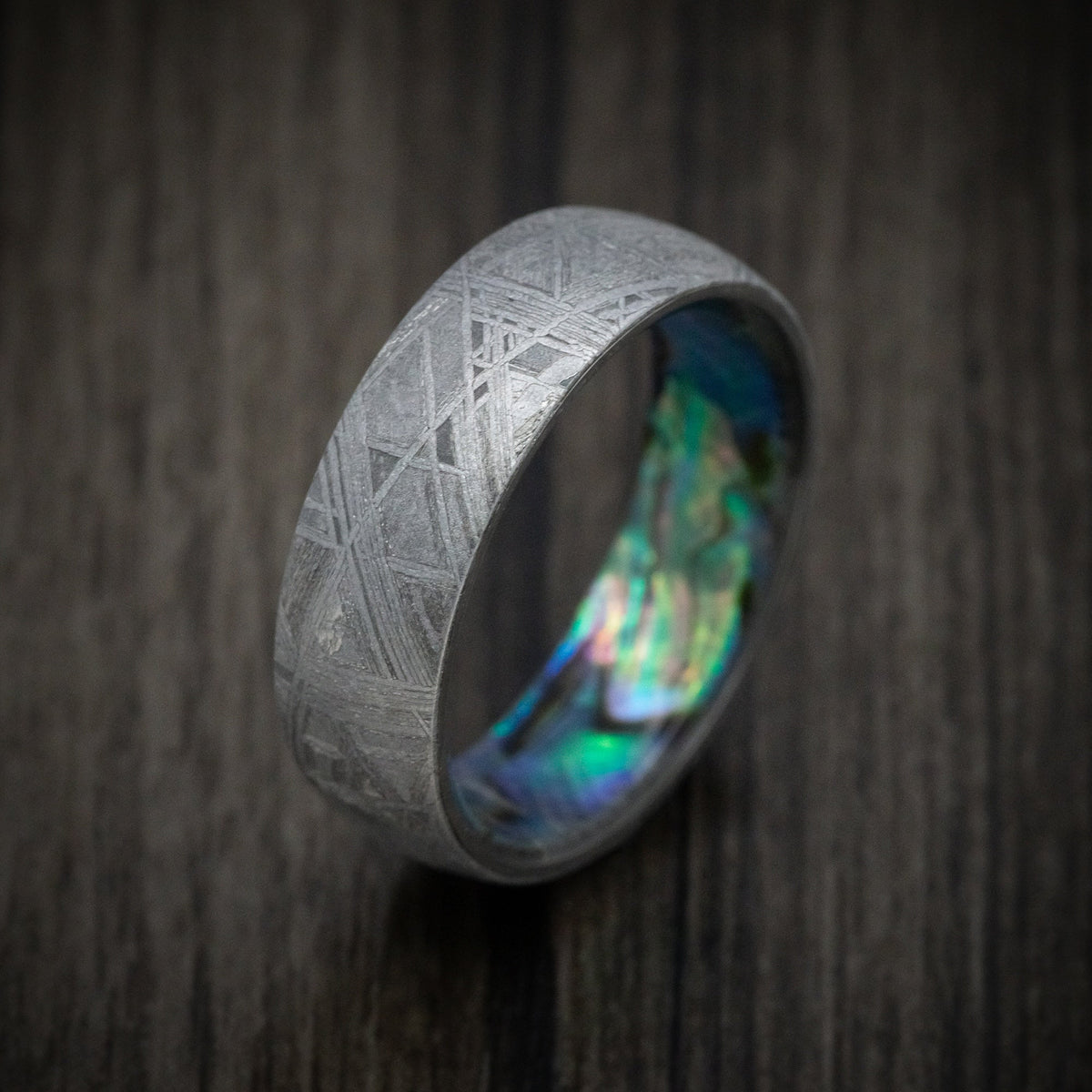 Augustus XVII - Gibeon Meteorite Wedding Ring with Abalone Sleeve Band - view 3 - Nura Lab
