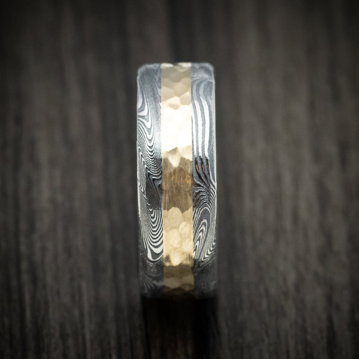Storm XII - Tightweave Damascus Steel and Gold Men's Wedding Ring Band - view 3 - Nura Lab