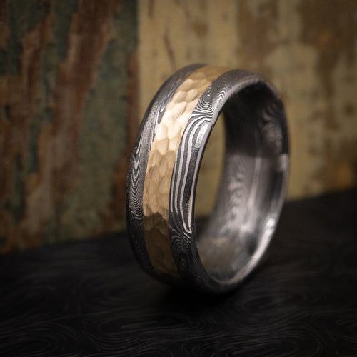 Storm XII - Tightweave Damascus Steel and Gold Men's Wedding Ring Band - view 5 - Nura Lab