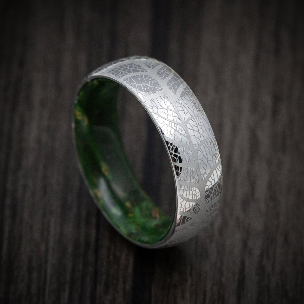 Outrider XIII - Cobalt Men's Wedding Ring with Leaf Design and Green Burl Wood Sleeve - Nura Lab