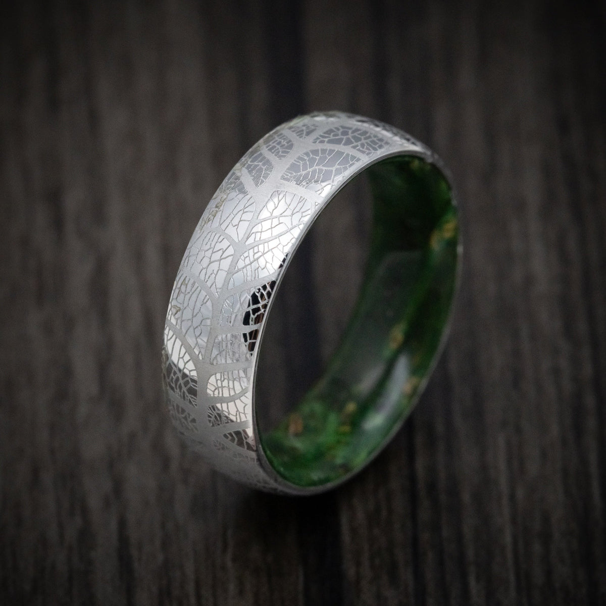 Outrider XIII - Cobalt Men's Wedding Ring with Leaf Design and Green Burl Wood Sleeve - view 3 - Nura Lab