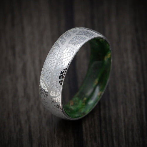 Outrider XIII - Cobalt Men's Wedding Ring with Leaf Design and Green Burl Wood Sleeve - view 3 - Nura Lab