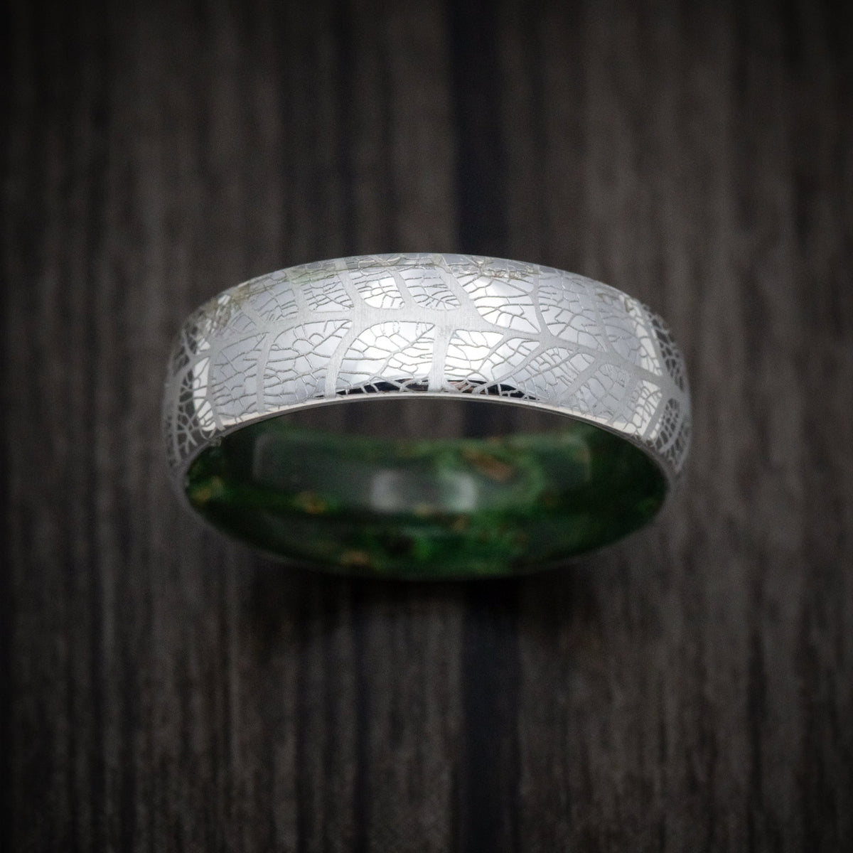 Outrider XIII - Cobalt Men's Wedding Ring with Leaf Design and Green Burl Wood Sleeve - view 2 - Nura Lab