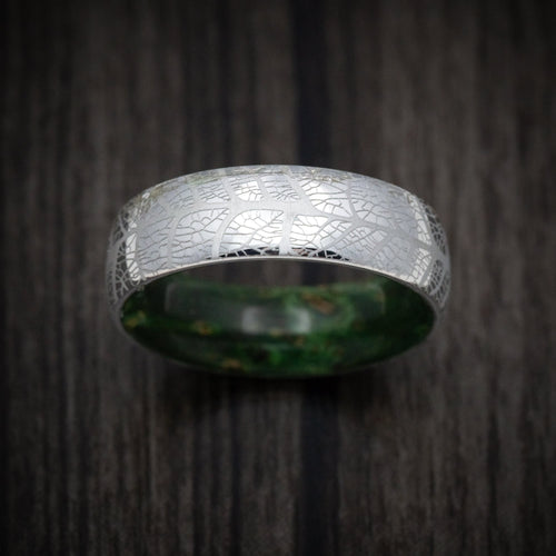 Outrider XIII - Cobalt Men's Wedding Ring with Leaf Design and Green Burl Wood Sleeve - view 2 - Nura Lab