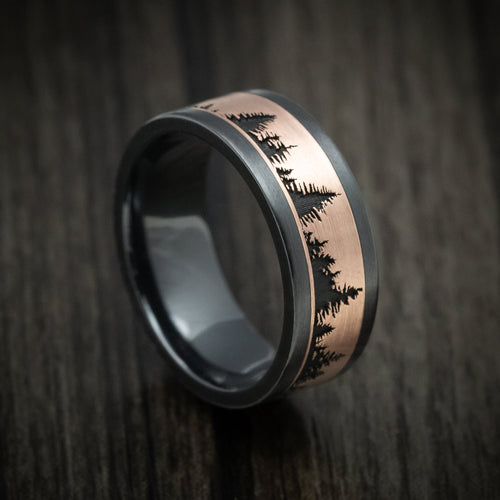 Captain XVII - Black Zirconium And Gold Spruce Pine Tree Design Men's Wedding Ring - Nura Lab