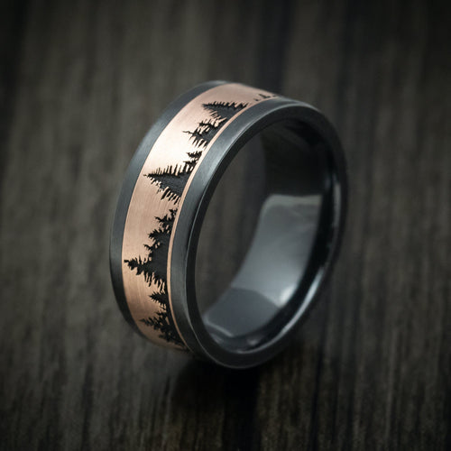 Captain XVII - Black Zirconium And Gold Spruce Pine Tree Design Men's Wedding Ring - view 4 - Nura Lab
