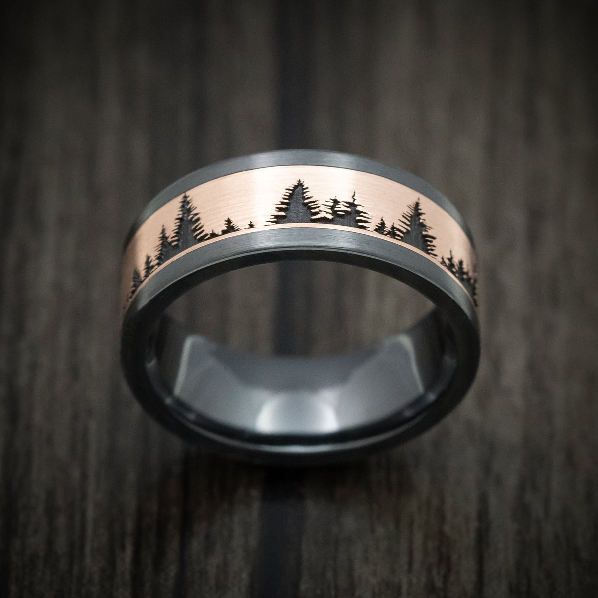 Captain XVII - Black Zirconium And Gold Spruce Pine Tree Design Men's Wedding Ring - view 2 - Nura Lab