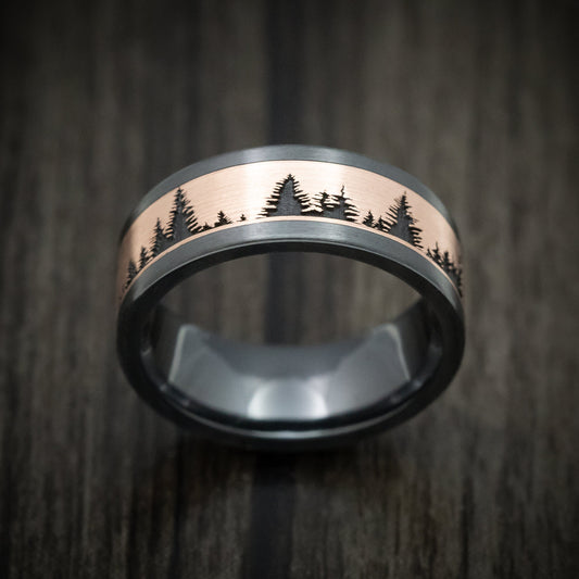 Captain XVII - Black Zirconium And Gold Spruce Pine Tree Design Men's Wedding Ring - view 2 - Nura Lab
