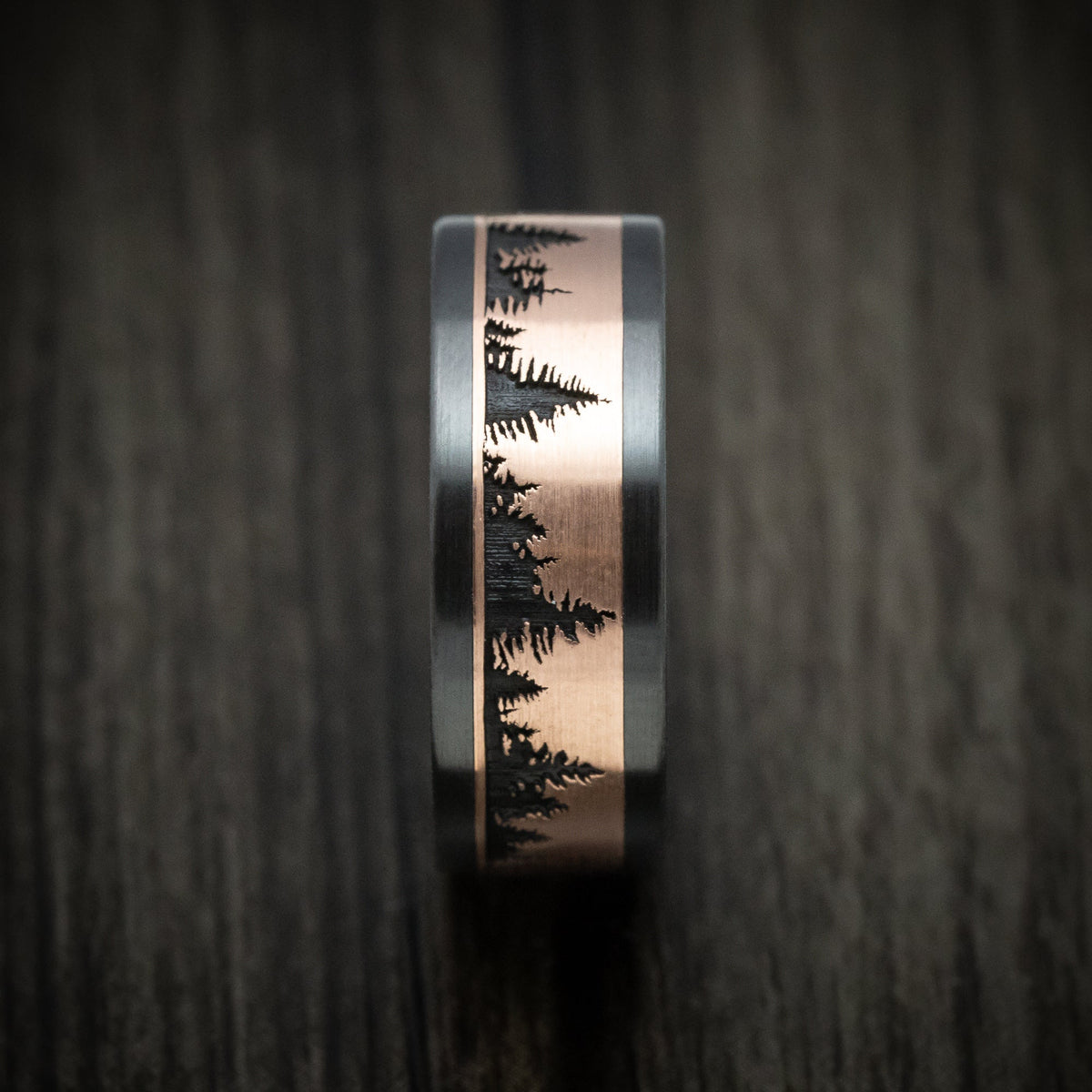 Captain XVII - Black Zirconium And Gold Spruce Pine Tree Design Men's Wedding Ring - view 3 - Nura Lab