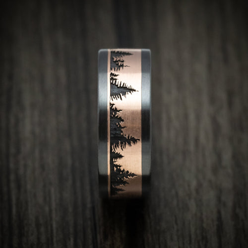 Captain XVII - Black Zirconium And Gold Spruce Pine Tree Design Men's Wedding Ring - view 3 - Nura Lab