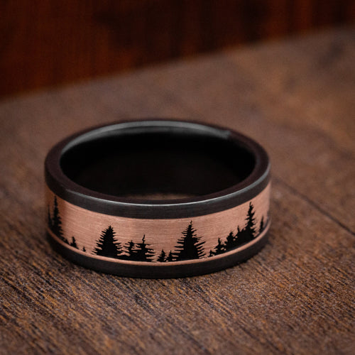 Captain XVII - Black Zirconium And Gold Spruce Pine Tree Design Men's Wedding Ring - view 5 - Nura Lab