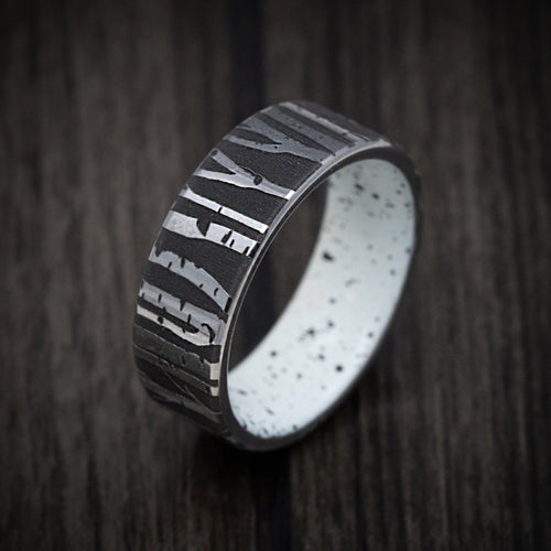 Tasman XIII - Tantalum Men's Wedding Ring with Aspen Design and Bark Pattern Cerakote Sleeve - view 3 - Nura Lab