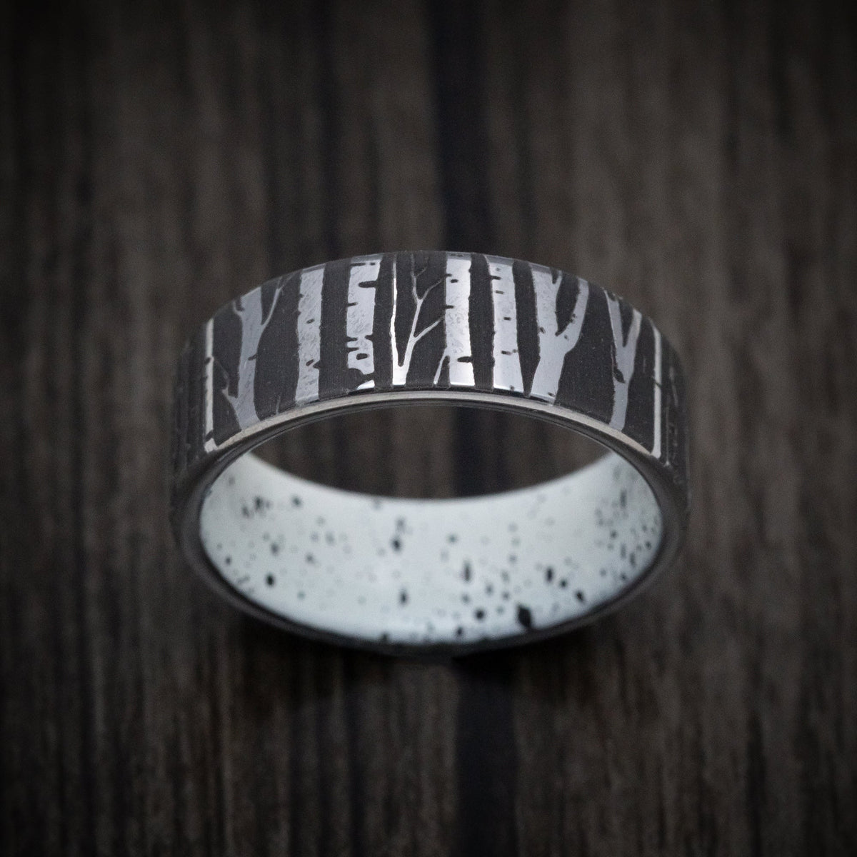 Tasman XIII - Tantalum Men's Wedding Ring with Aspen Design and Bark Pattern Cerakote Sleeve - view 2 - Nura Lab
