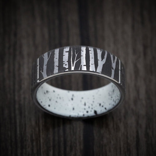 Tasman XIII - Tantalum Men's Wedding Ring with Aspen Design and Bark Pattern Cerakote Sleeve - view 2 - Nura Lab