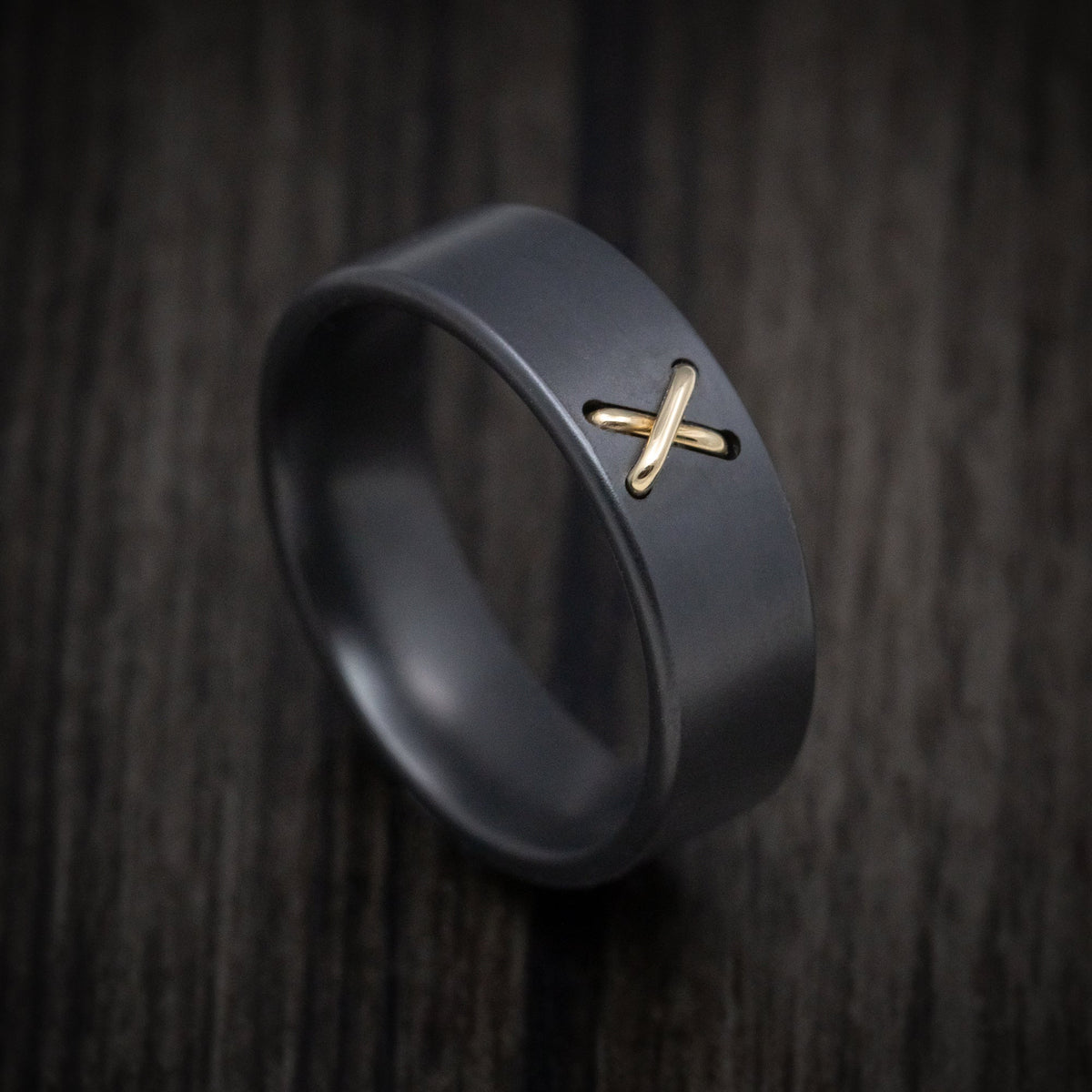 Flint XVIII - Black Zirconium Men's Wedding Ring with 14K Gold Stitch Design - Nura Lab